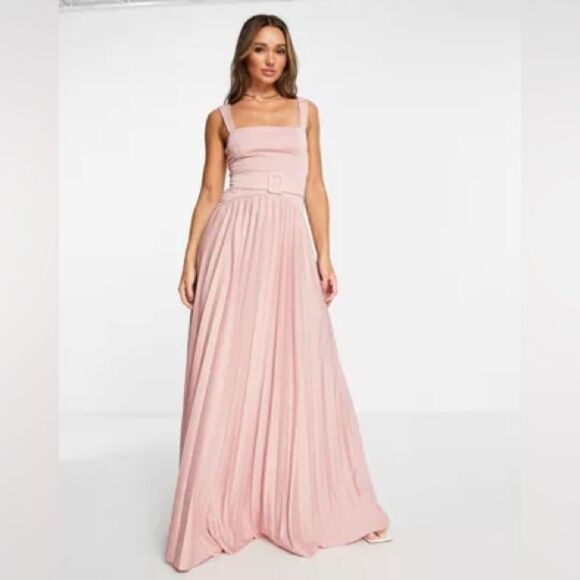 ASOS DESIGN square neck belted pleated maxi dress in rose - PINK Size 4 - Picture 2 of 10